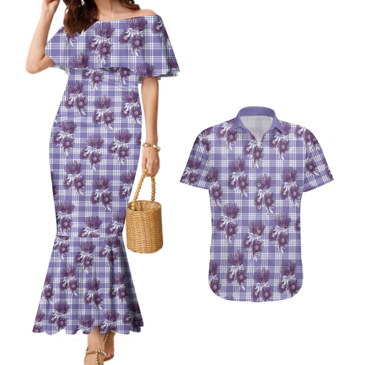 Purple Palaka Hawaii Couples Matching Mermaid Dress and Hawaiian Shirt Hawaiian Lehua Blossoms LT05 Purple - Polynesian Pride