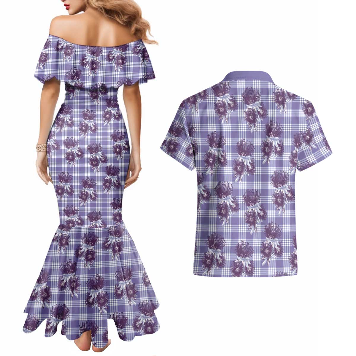 Purple Palaka Hawaii Couples Matching Mermaid Dress and Hawaiian Shirt Hawaiian Lehua Blossoms LT05 - Polynesian Pride