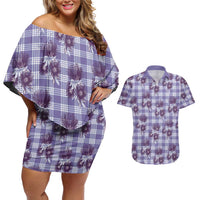 Purple Palaka Hawaii Couples Matching Off Shoulder Short Dress and Hawaiian Shirt Hawaiian Lehua Blossoms