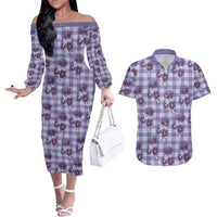 Purple Palaka Hawaii Couples Matching Off The Shoulder Long Sleeve Dress and Hawaiian Shirt Hawaiian Lehua Blossoms LT05 Purple - Polynesian Pride