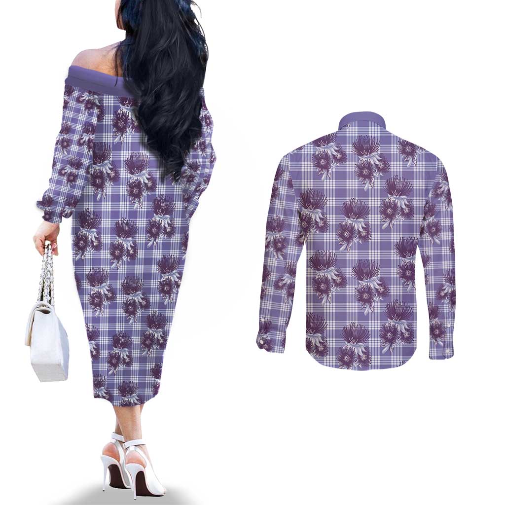 Purple Palaka Hawaii Couples Matching Off The Shoulder Long Sleeve Dress and Long Sleeve Button Shirt Hawaiian Lehua Blossoms LT05 - Polynesian Pride