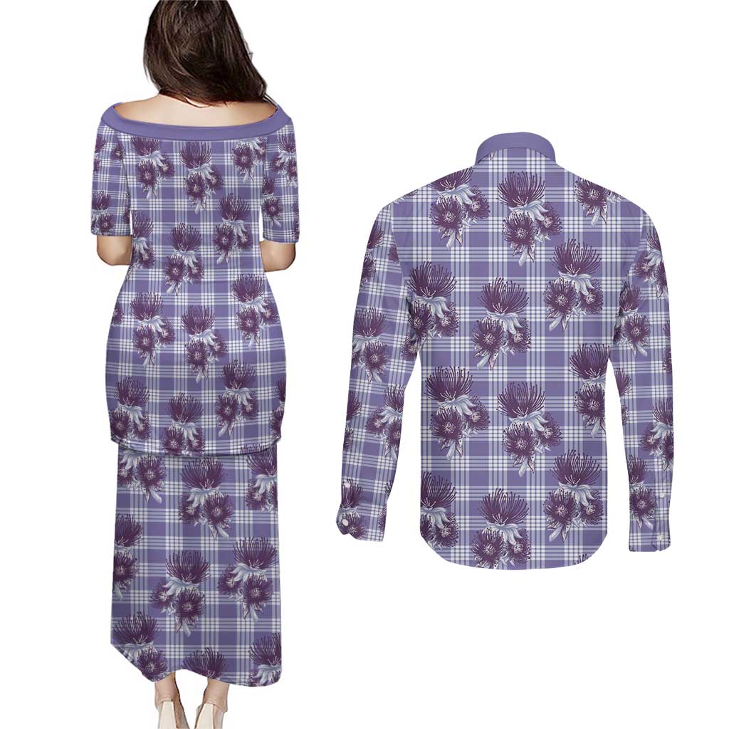 Purple Palaka Hawaii Couples Matching Puletasi and Long Sleeve Button Shirt Hawaiian Lehua Blossoms