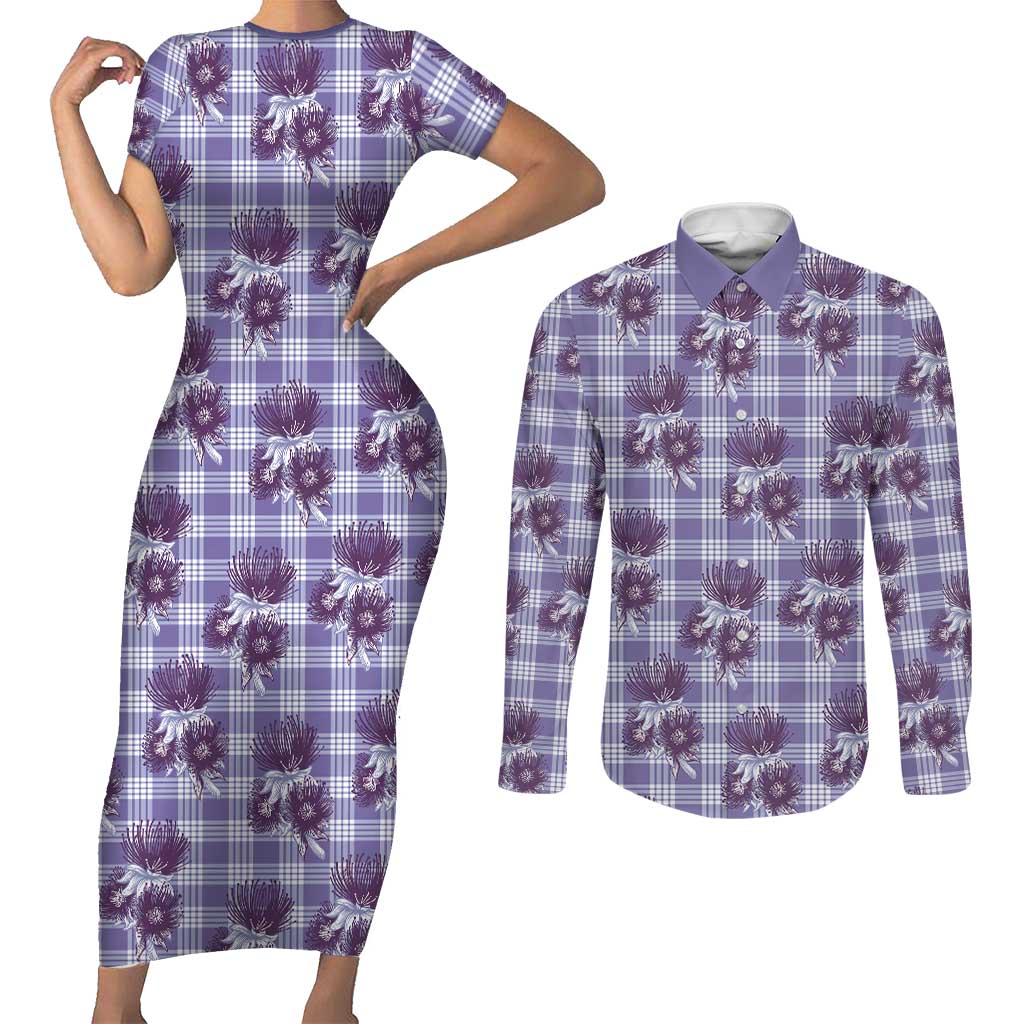Purple Palaka Hawaii Couples Matching Short Sleeve Bodycon Dress and Long Sleeve Button Shirt Hawaiian Lehua Blossoms