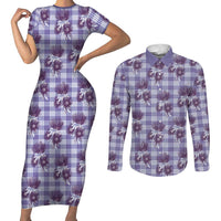 Purple Palaka Hawaii Couples Matching Short Sleeve Bodycon Dress and Long Sleeve Button Shirt Hawaiian Lehua Blossoms