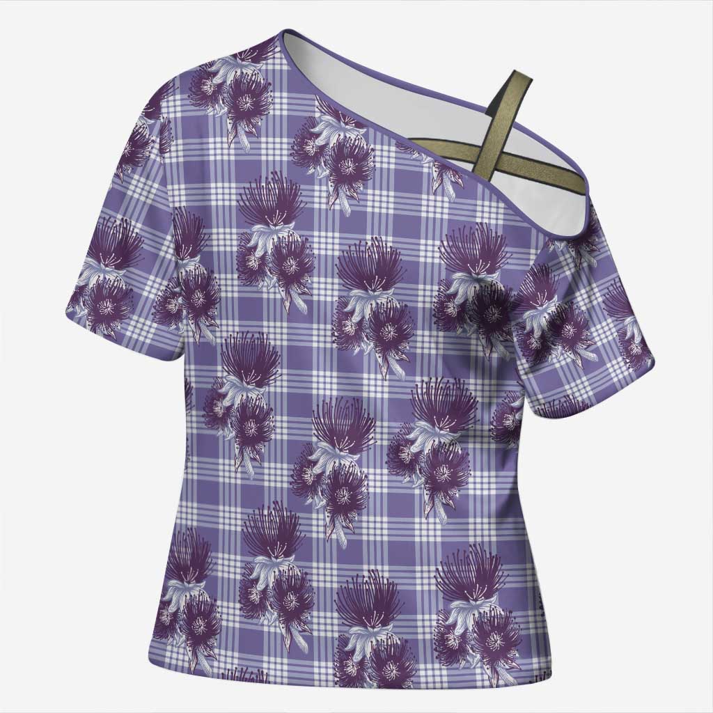 Purple Palaka Hawaii Cross Shoulder Shirt Hawaiian Lehua Blossoms