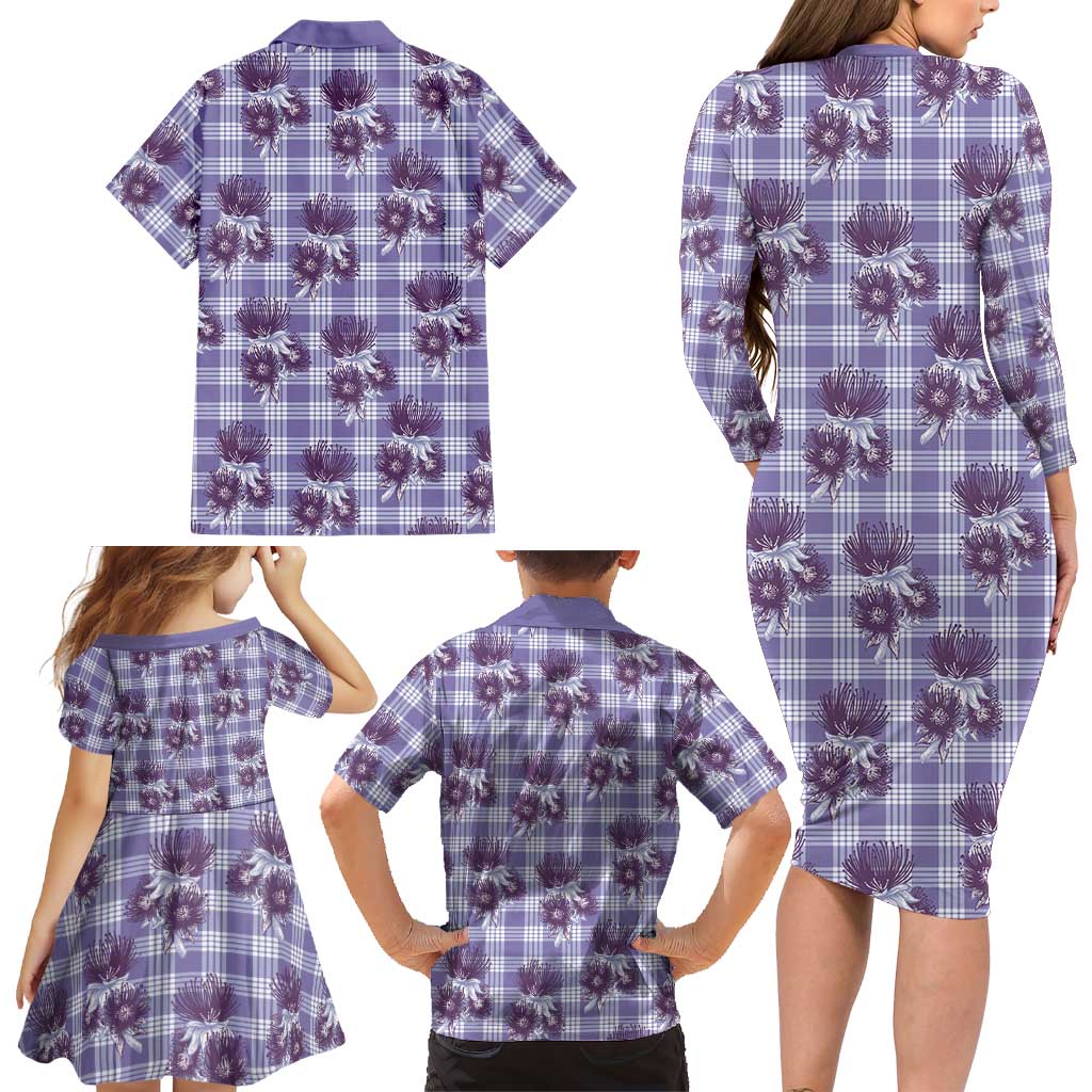 Purple Palaka Hawaii Family Matching Long Sleeve Bodycon Dress and Hawaiian Shirt Hawaiian Lehua Blossoms LT05 - Polynesian Pride