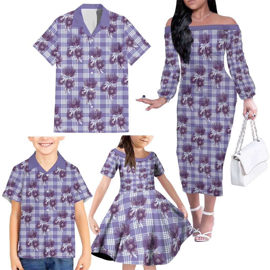 Purple Palaka Hawaii Family Matching Off The Shoulder Long Sleeve Dress and Hawaiian Shirt Hawaiian Lehua Blossoms