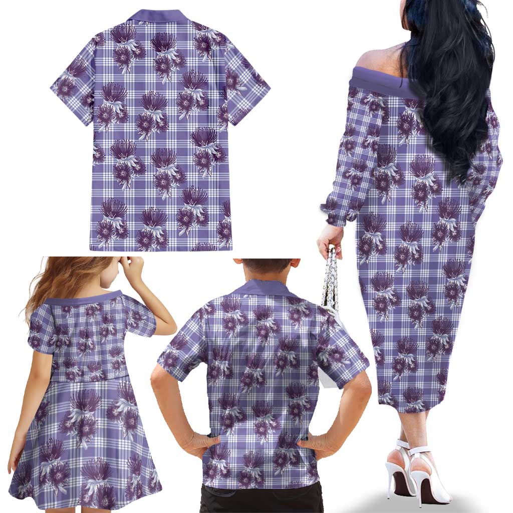 Purple Palaka Hawaii Family Matching Off The Shoulder Long Sleeve Dress and Hawaiian Shirt Hawaiian Lehua Blossoms LT05 - Polynesian Pride