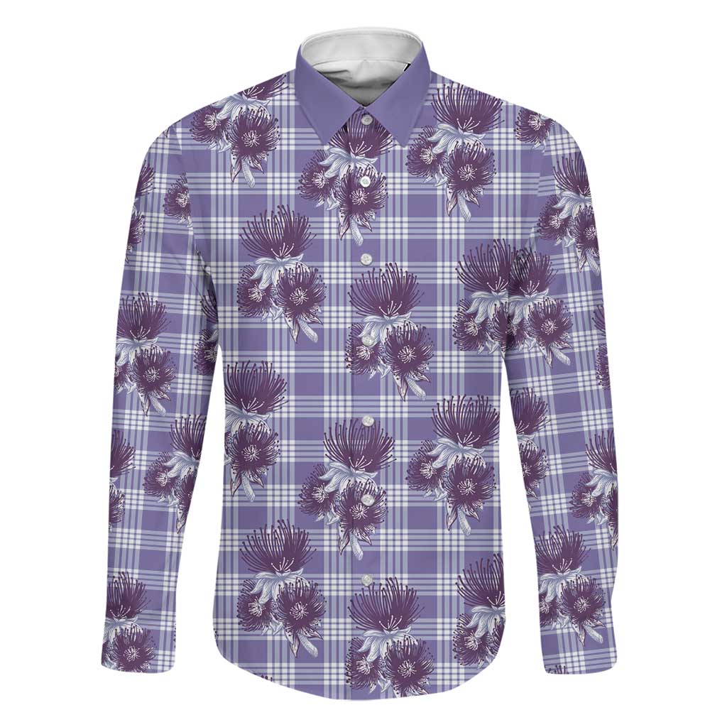 Purple Palaka Hawaii Family Matching Off Shoulder Maxi Dress and Hawaiian Shirt Hawaiian Lehua Blossoms LT05 Dad's Shirt - Long Sleeve Purple - Polynesian Pride