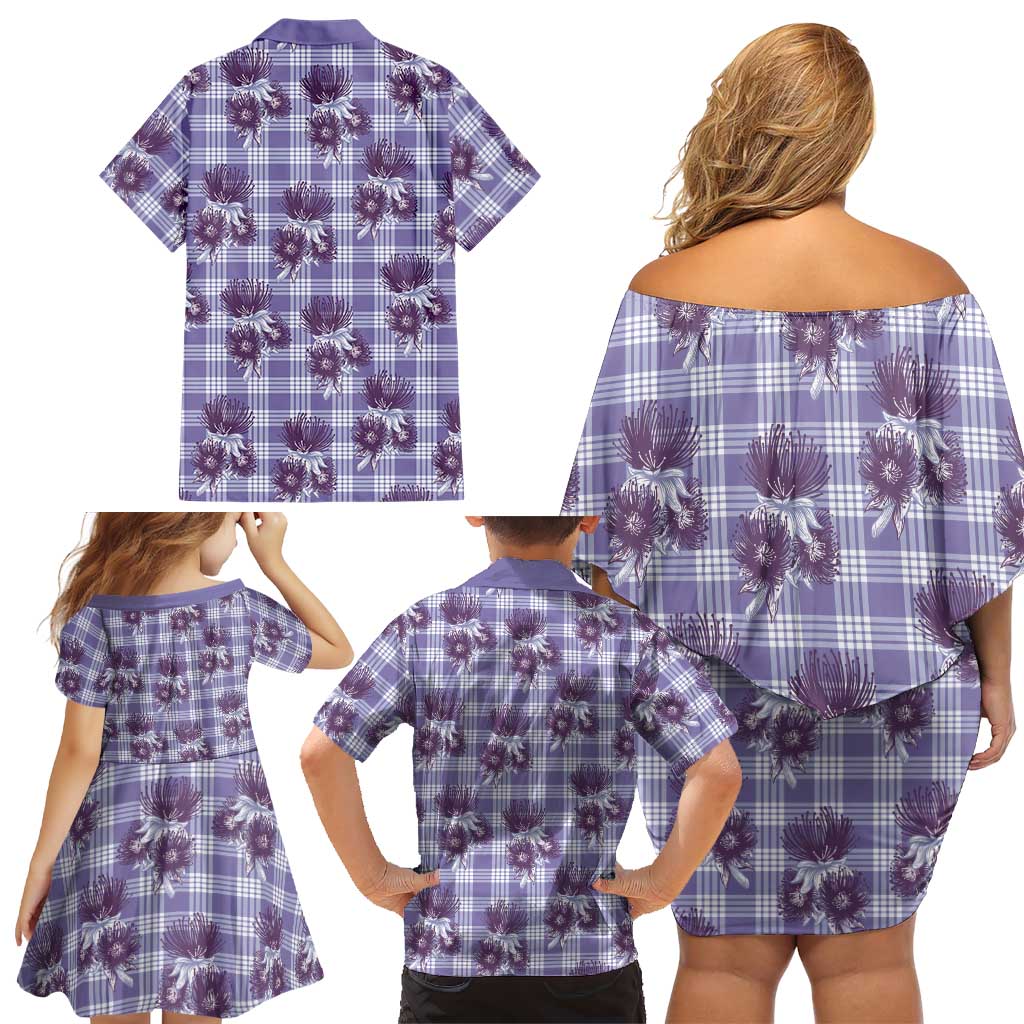 Purple Palaka Hawaii Family Matching Off Shoulder Short Dress and Hawaiian Shirt Hawaiian Lehua Blossoms LT05 - Polynesian Pride