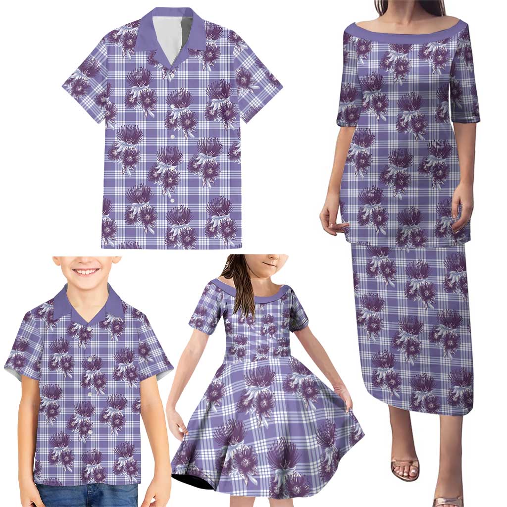 Purple Palaka Hawaii Family Matching Puletasi and Hawaiian Shirt Hawaiian Lehua Blossoms