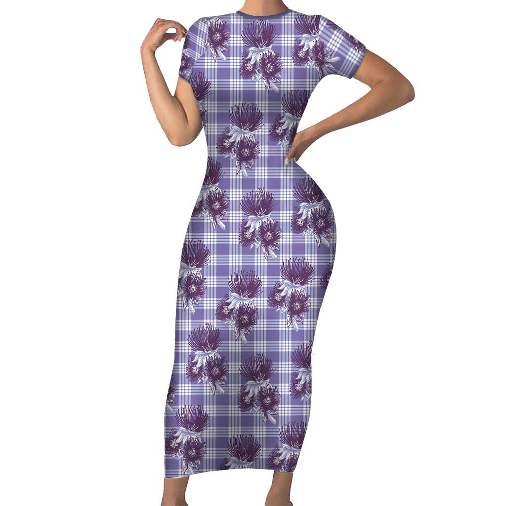 Purple Palaka Hawaii Family Matching Short Sleeve Bodycon Dress and Hawaiian Shirt Hawaiian Lehua Blossoms LT05 Mom's Dress Purple - Polynesian Pride