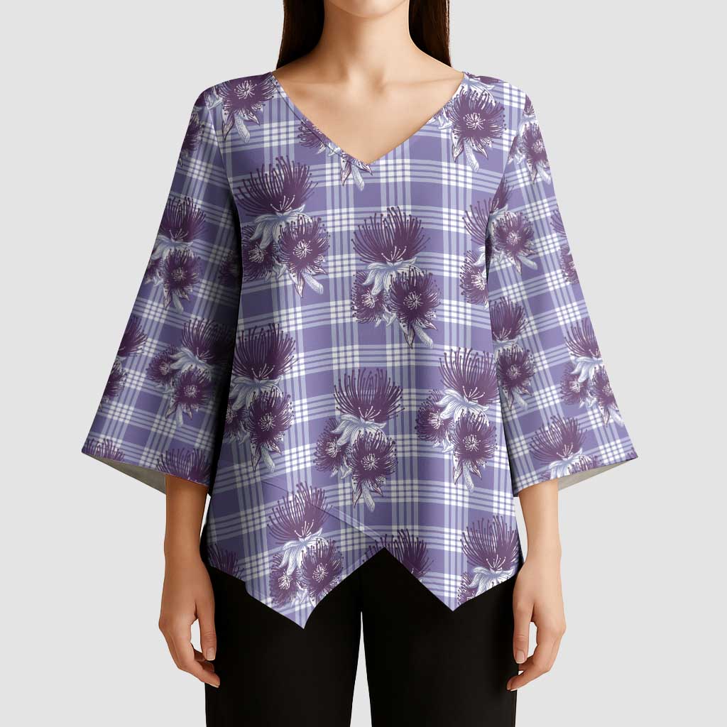 Purple Palaka Hawaii Kimono Sleeve Blouse Hawaiian Lehua Blossoms