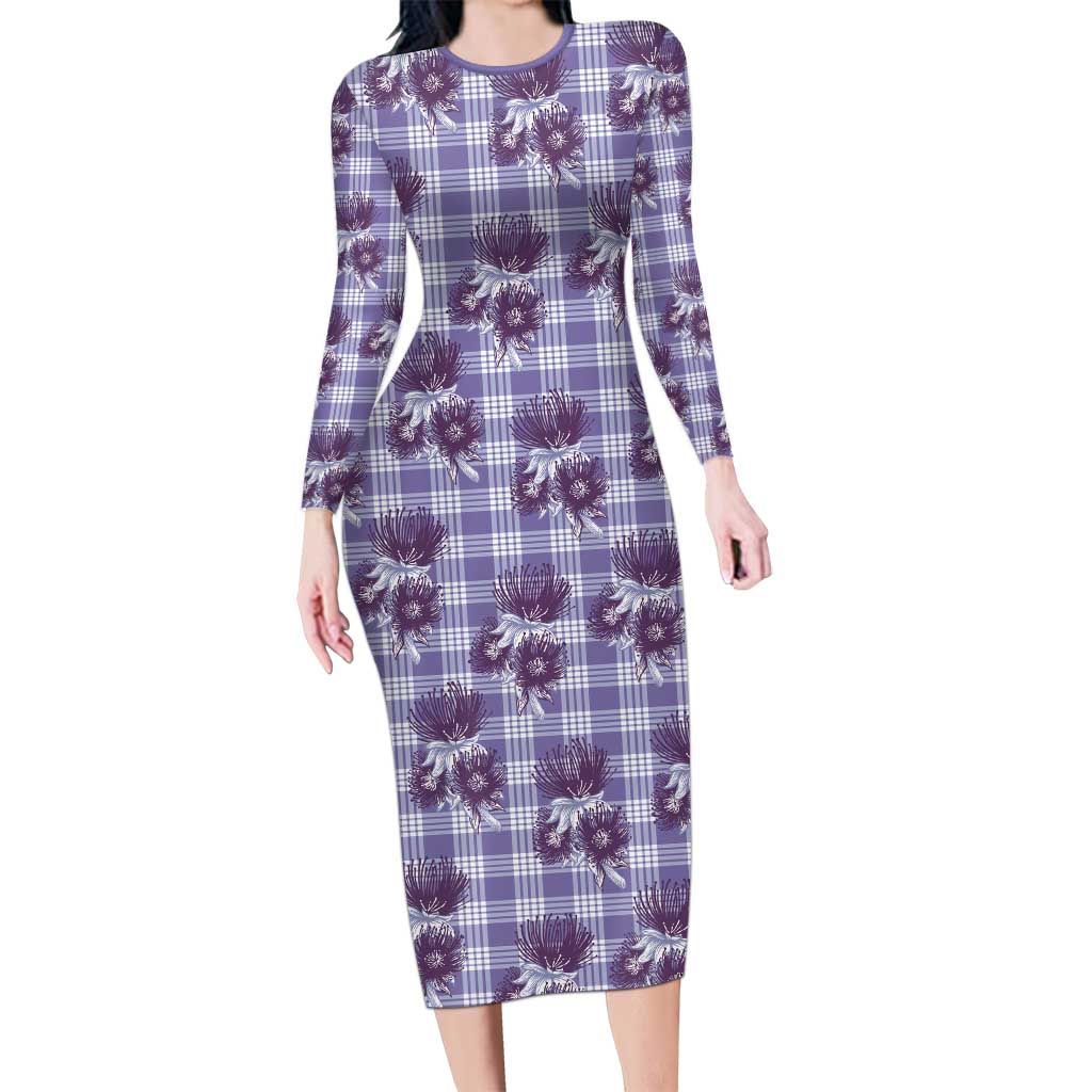 Purple Palaka Hawaii Long Sleeve Bodycon Dress Hawaiian Lehua Blossoms