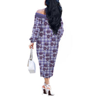 Purple Palaka Hawaii Off The Shoulder Long Sleeve Dress Hawaiian Lehua Blossoms