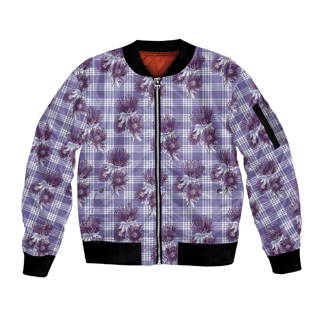 Purple Palaka Hawaii Sleeve Zip Bomber Jacket Hawaiian Lehua Blossoms