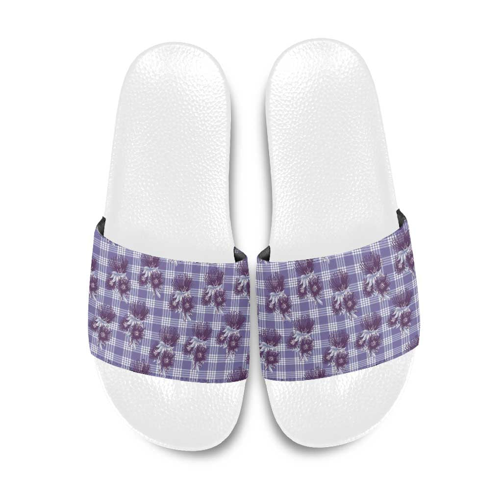 Purple Palaka Hawaii Slide Sandals Hawaiian Lehua Blossoms