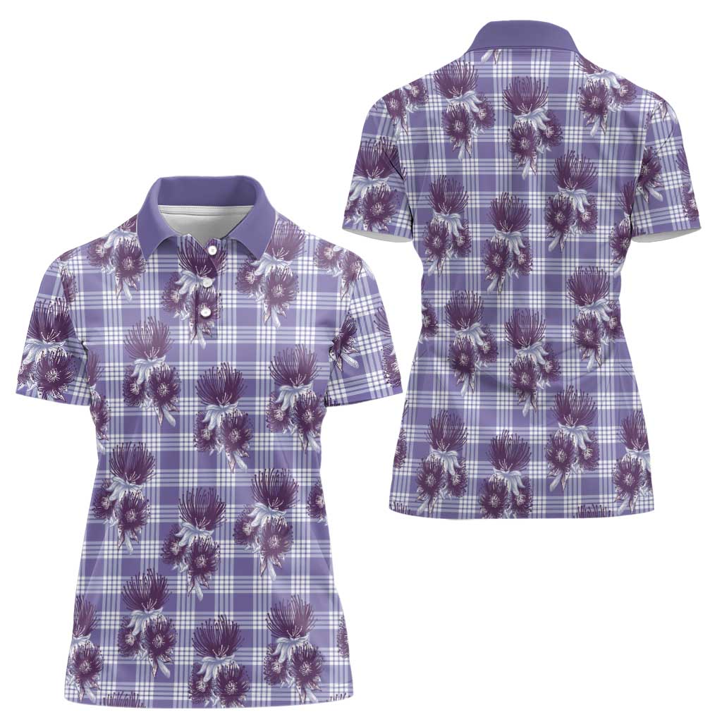 Purple Palaka Hawaii Women Polo Shirt Hawaiian Lehua Blossoms