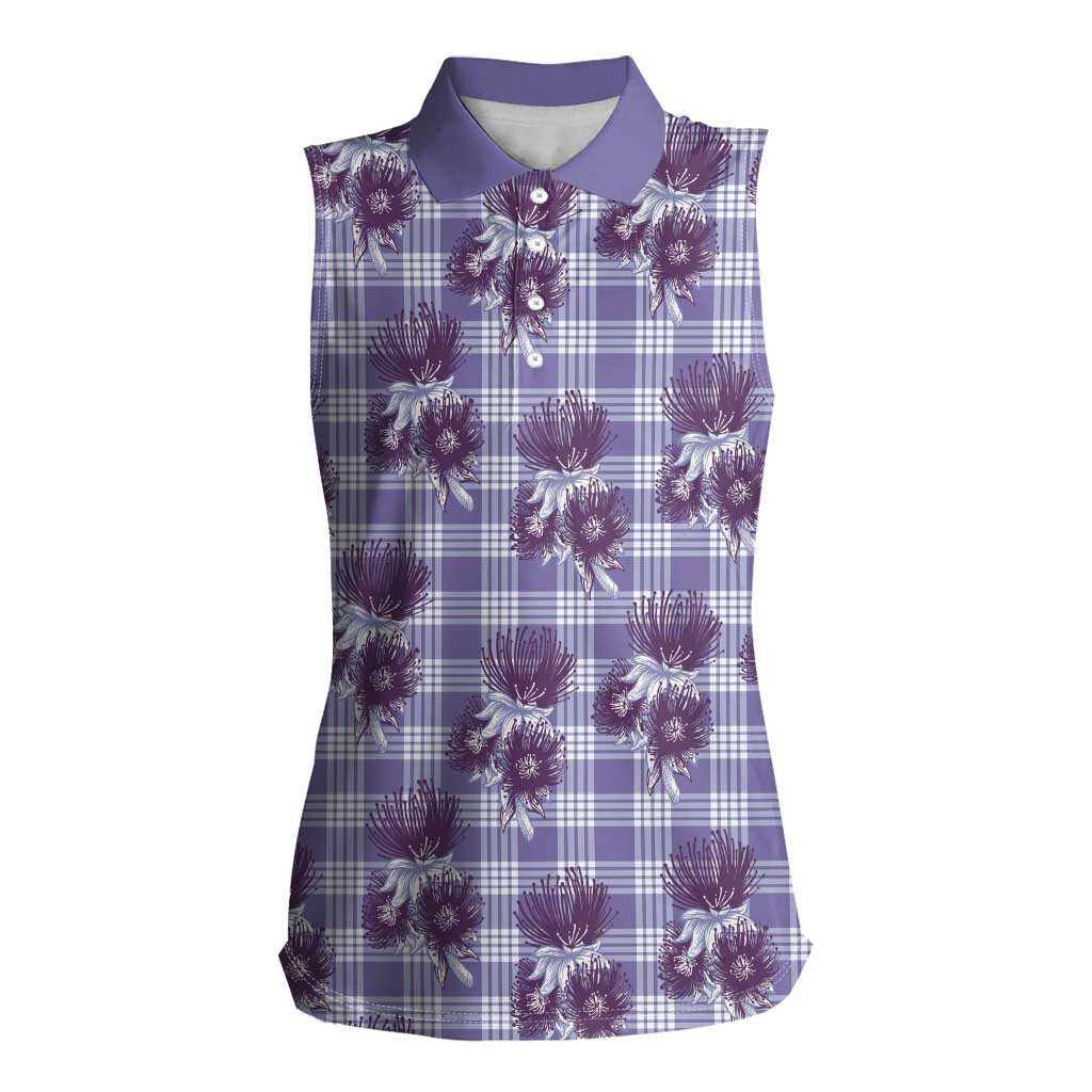 Purple Palaka Hawaii Women Sleeveless Polo Shirt Hawaiian Lehua Blossoms LT05 Female Purple - Polynesian Pride