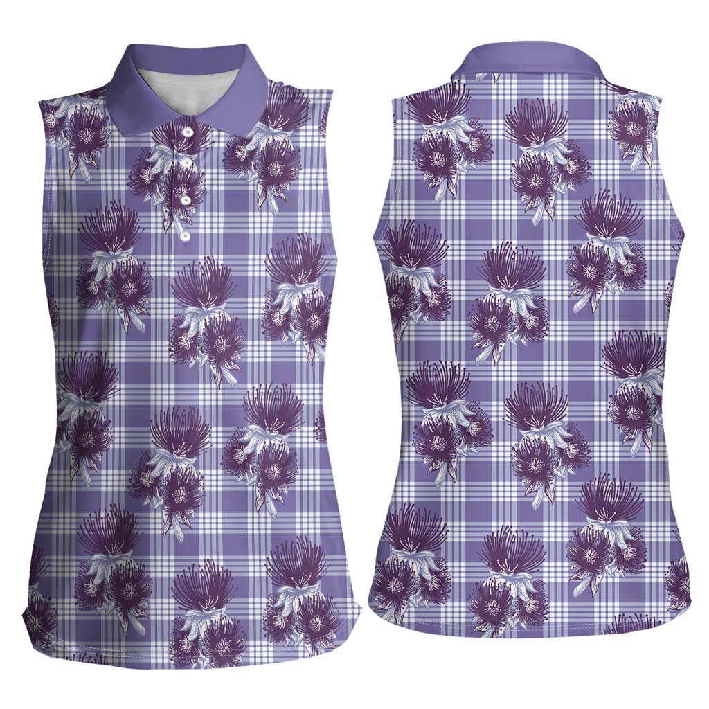 Purple Palaka Hawaii Women Sleeveless Polo Shirt Hawaiian Lehua Blossoms LT05 - Polynesian Pride