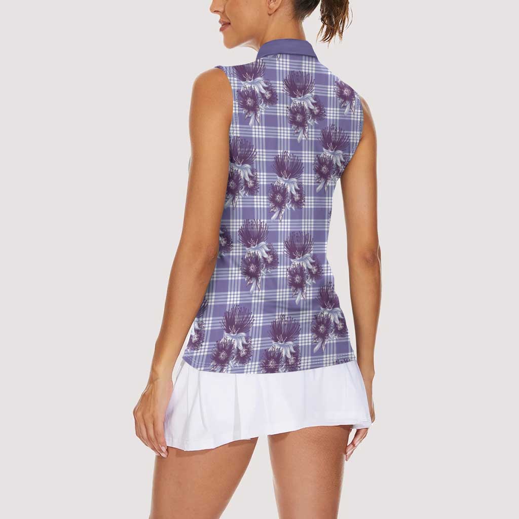 Purple Palaka Hawaii Women Sleeveless Polo Shirt Hawaiian Lehua Blossoms LT05 - Polynesian Pride