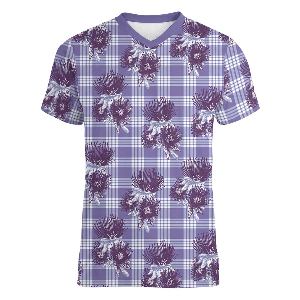 Purple Palaka Hawaii Women V-Neck T-Shirt Hawaiian Lehua Blossoms