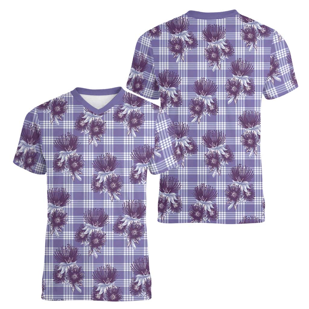 Purple Palaka Hawaii Women V-Neck T-Shirt Hawaiian Lehua Blossoms
