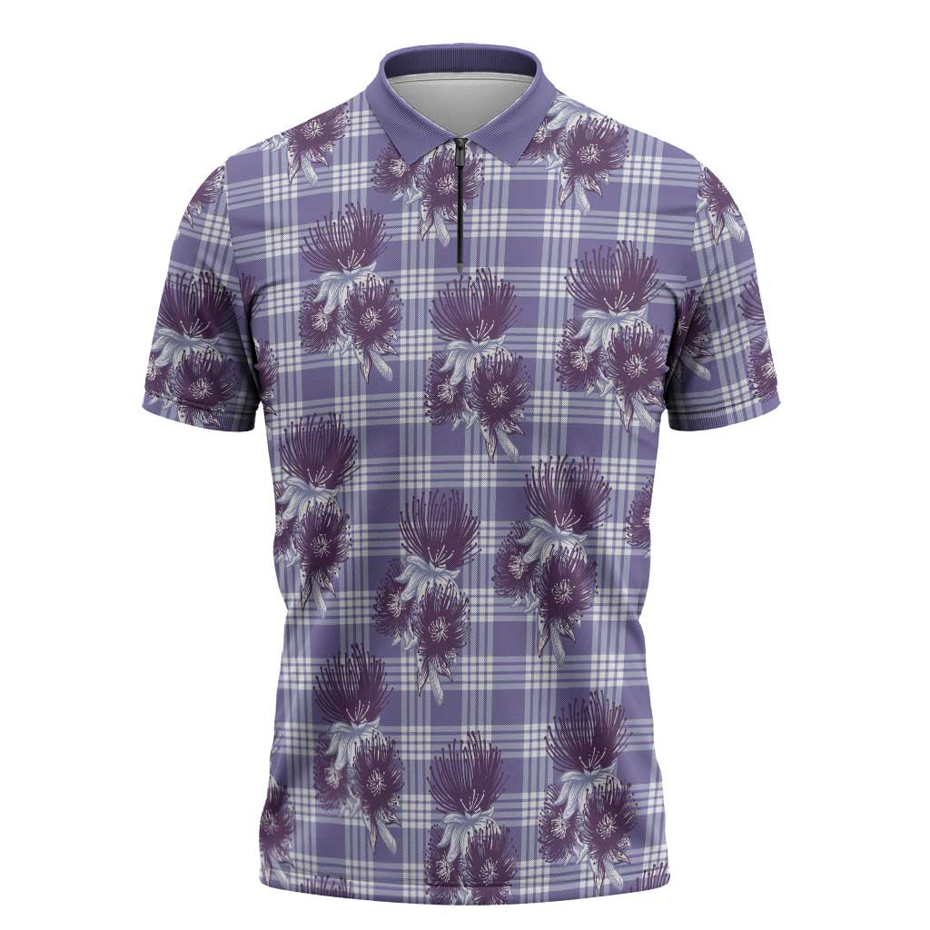 Purple Palaka Hawaii Zipper Polo Shirt Hawaiian Lehua Blossoms