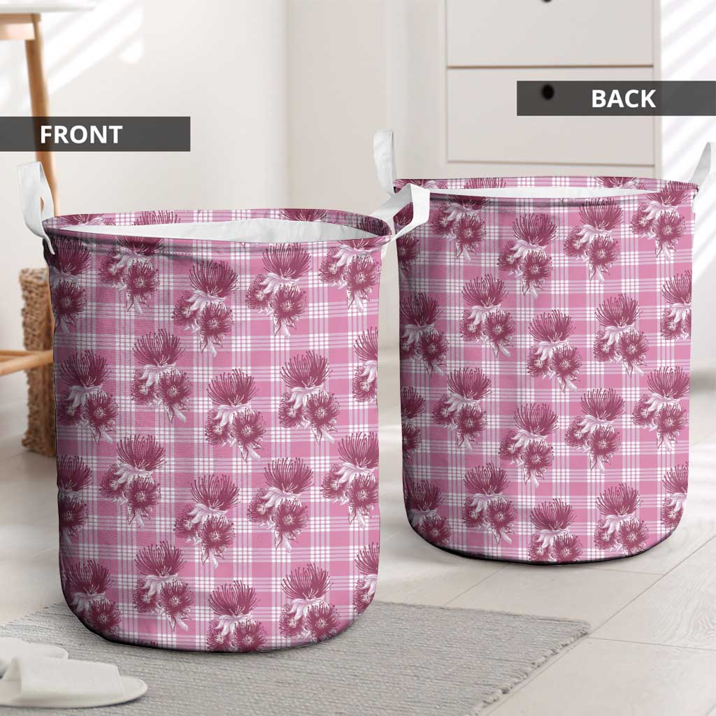 Pink Palaka Hawaii Laundry Basket Hawaiian Lehua Blossoms