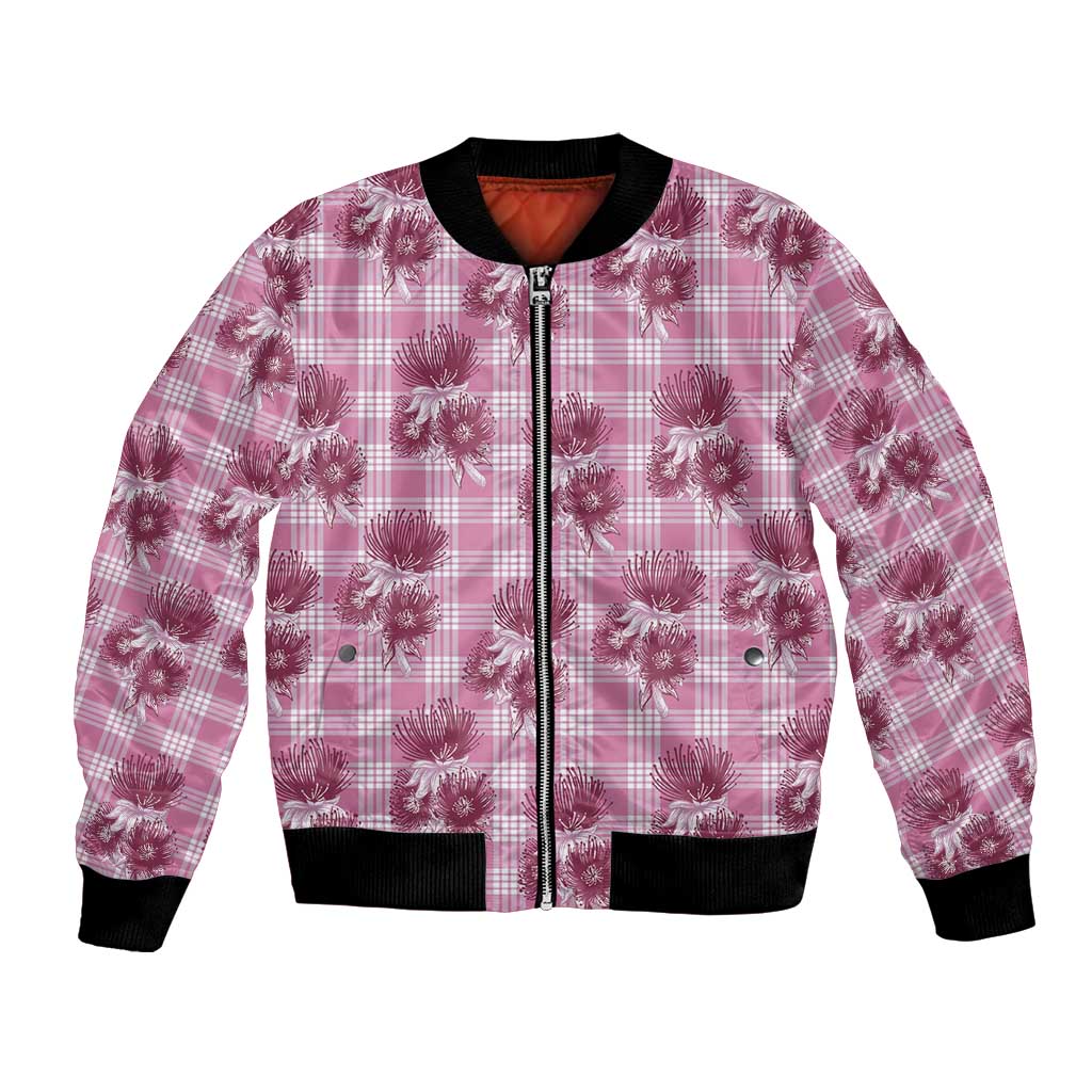 Pink Palaka Hawaii Bomber Jacket Hawaiian Lehua Blossoms