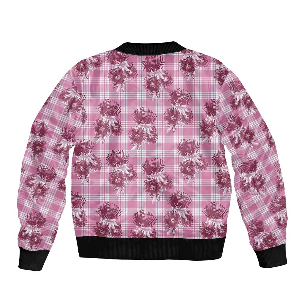 Pink Palaka Hawaii Bomber Jacket Hawaiian Lehua Blossoms