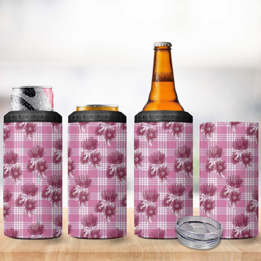 Pink Palaka Hawaii 4 in 1 Can Cooler Tumbler Hawaiian Lehua Blossoms