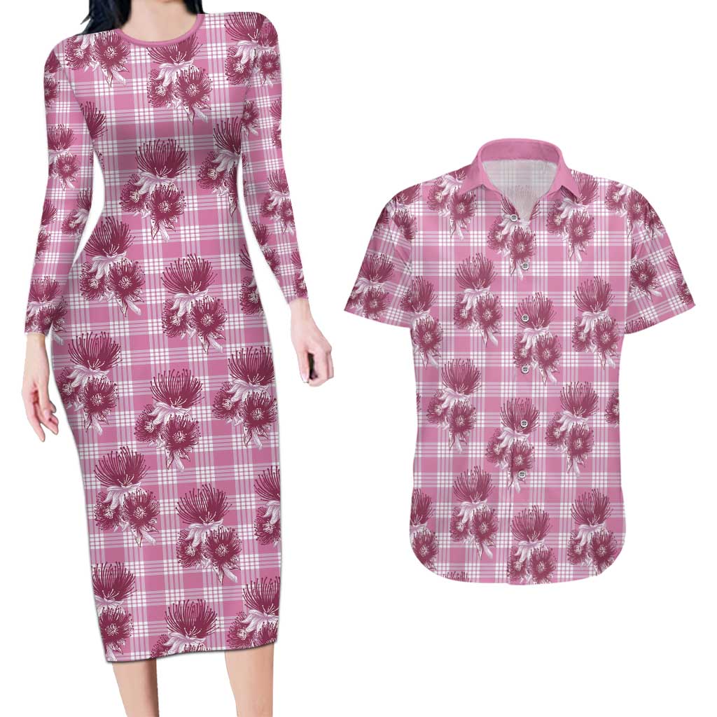Pink Palaka Hawaii Couples Matching Long Sleeve Bodycon Dress and Hawaiian Shirt Hawaiian Lehua Blossoms LT05 Pink - Polynesian Pride
