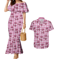 Pink Palaka Hawaii Couples Matching Mermaid Dress and Hawaiian Shirt Hawaiian Lehua Blossoms