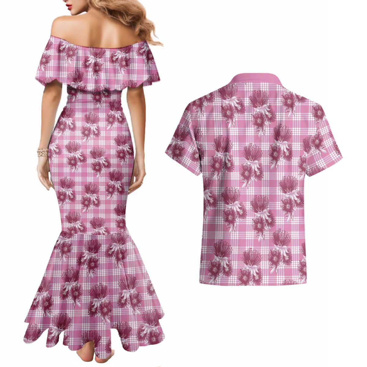 Pink Palaka Hawaii Couples Matching Mermaid Dress and Hawaiian Shirt Hawaiian Lehua Blossoms