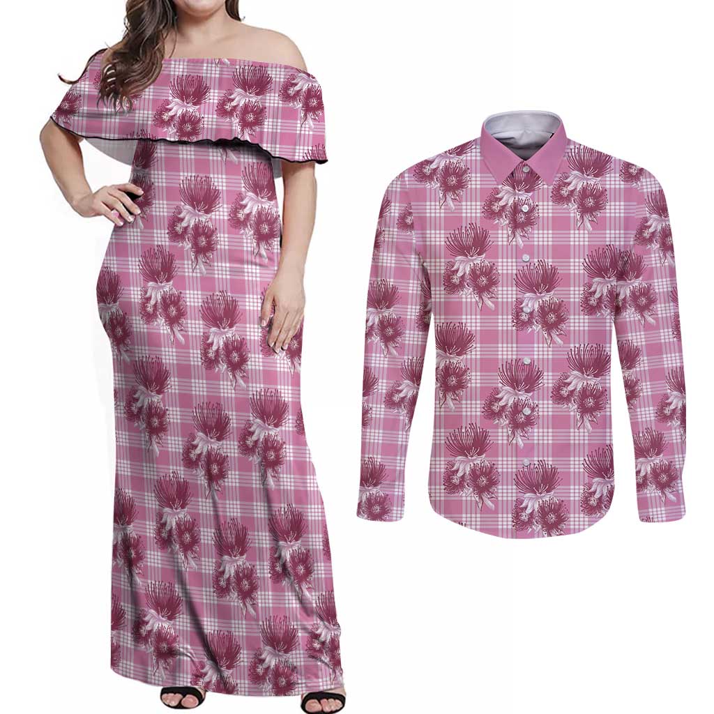 Pink Palaka Hawaii Couples Matching Off Shoulder Maxi Dress and Long Sleeve Button Shirt Hawaiian Lehua Blossoms