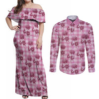 Pink Palaka Hawaii Couples Matching Off Shoulder Maxi Dress and Long Sleeve Button Shirt Hawaiian Lehua Blossoms