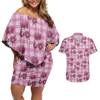Pink Palaka Hawaii Couples Matching Off Shoulder Short Dress and Hawaiian Shirt Hawaiian Lehua Blossoms