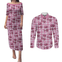 Pink Palaka Hawaii Couples Matching Puletasi and Long Sleeve Button Shirt Hawaiian Lehua Blossoms