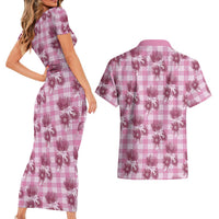 Pink Palaka Hawaii Couples Matching Short Sleeve Bodycon Dress and Hawaiian Shirt Hawaiian Lehua Blossoms LT05 - Polynesian Pride