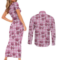 Pink Palaka Hawaii Couples Matching Short Sleeve Bodycon Dress and Long Sleeve Button Shirt Hawaiian Lehua Blossoms