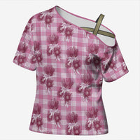 Pink Palaka Hawaii Cross Shoulder Shirt Hawaiian Lehua Blossoms