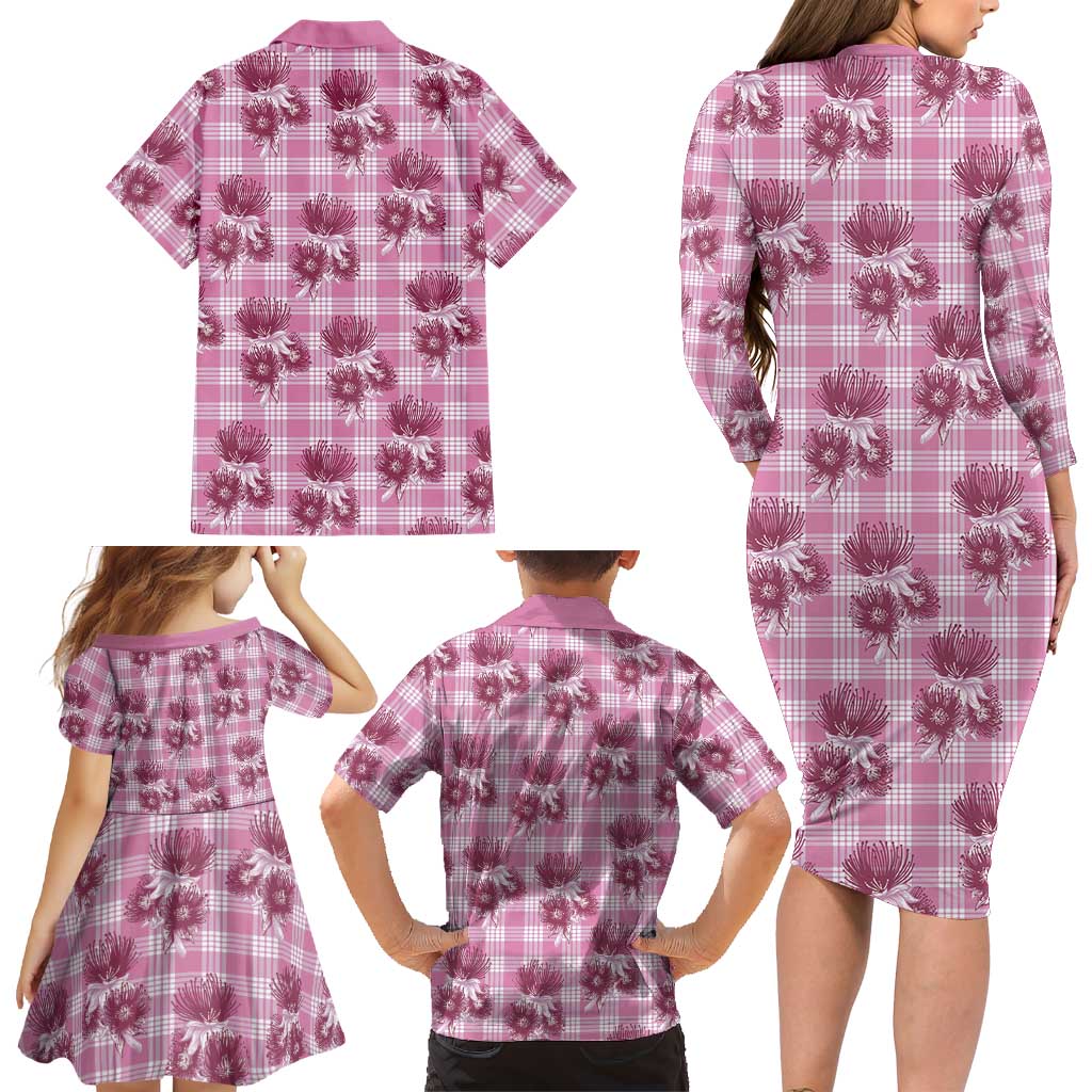 Pink Palaka Hawaii Family Matching Long Sleeve Bodycon Dress and Hawaiian Shirt Hawaiian Lehua Blossoms LT05 - Polynesian Pride