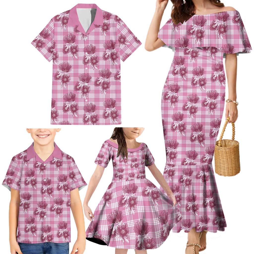 Pink Palaka Hawaii Family Matching Mermaid Dress and Hawaiian Shirt Hawaiian Lehua Blossoms