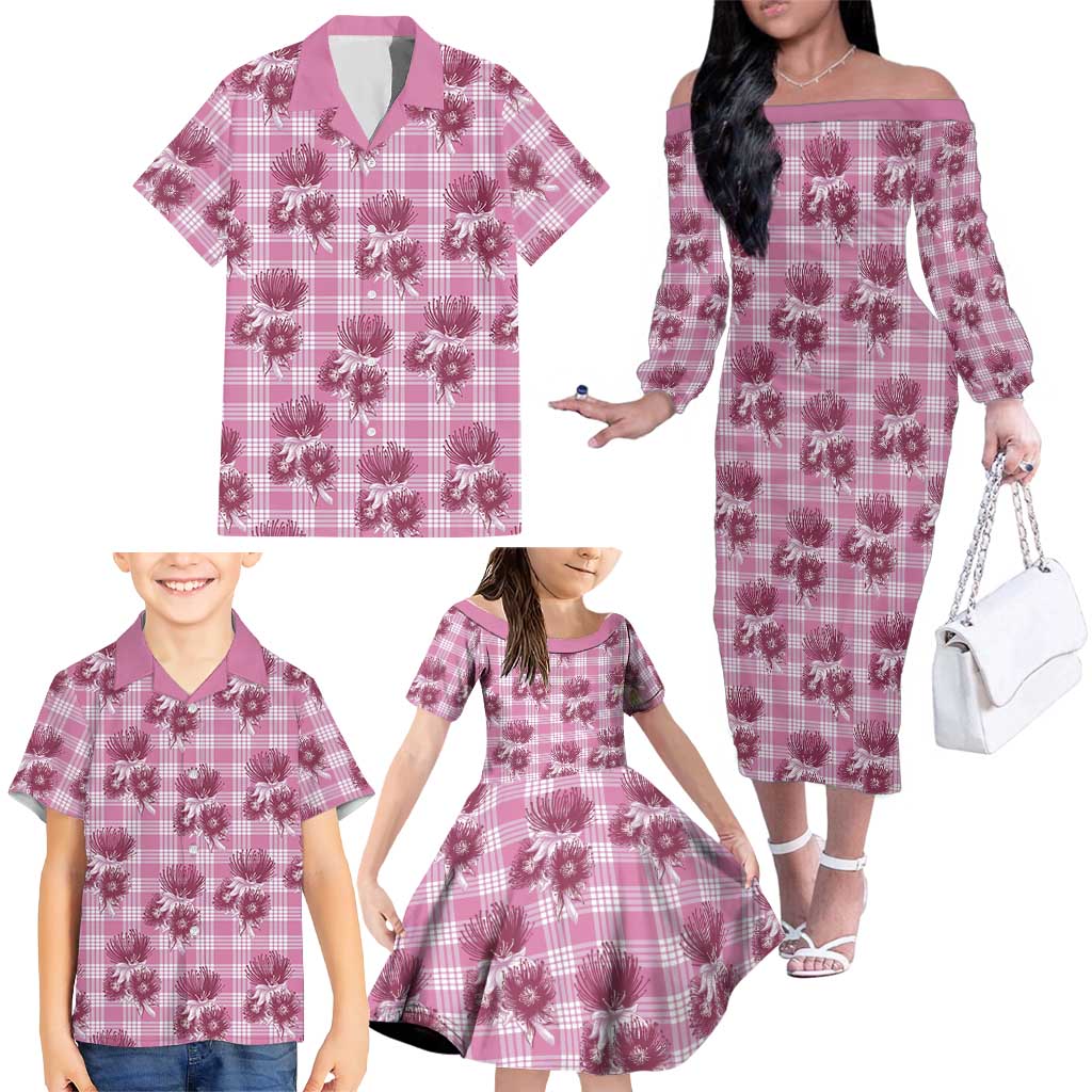 Pink Palaka Hawaii Family Matching Off The Shoulder Long Sleeve Dress and Hawaiian Shirt Hawaiian Lehua Blossoms LT05 - Polynesian Pride
