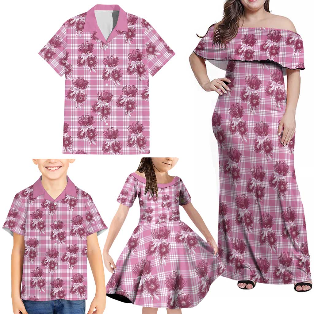 Pink Palaka Hawaii Family Matching Off Shoulder Maxi Dress and Hawaiian Shirt Hawaiian Lehua Blossoms LT05 - Polynesian Pride