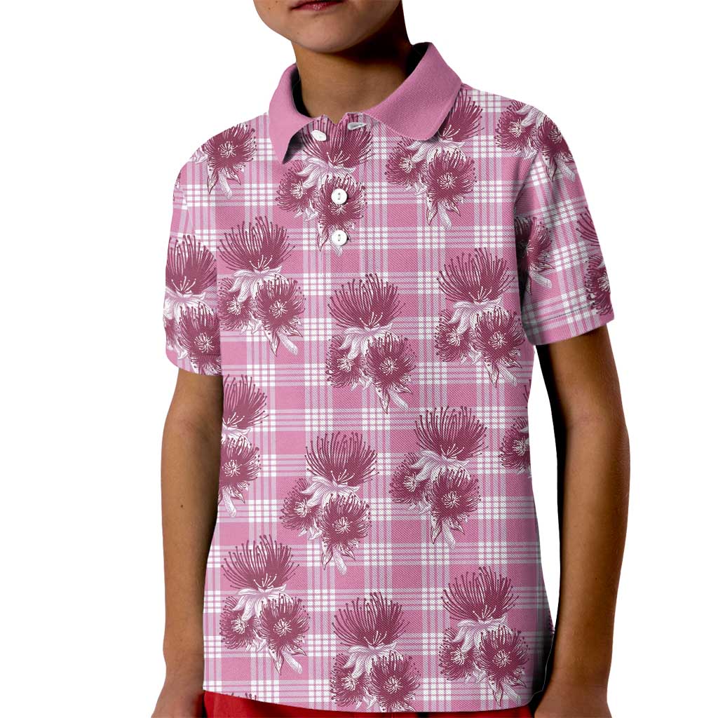 Pink Palaka Hawaii Kid Polo Shirt Hawaiian Lehua Blossoms