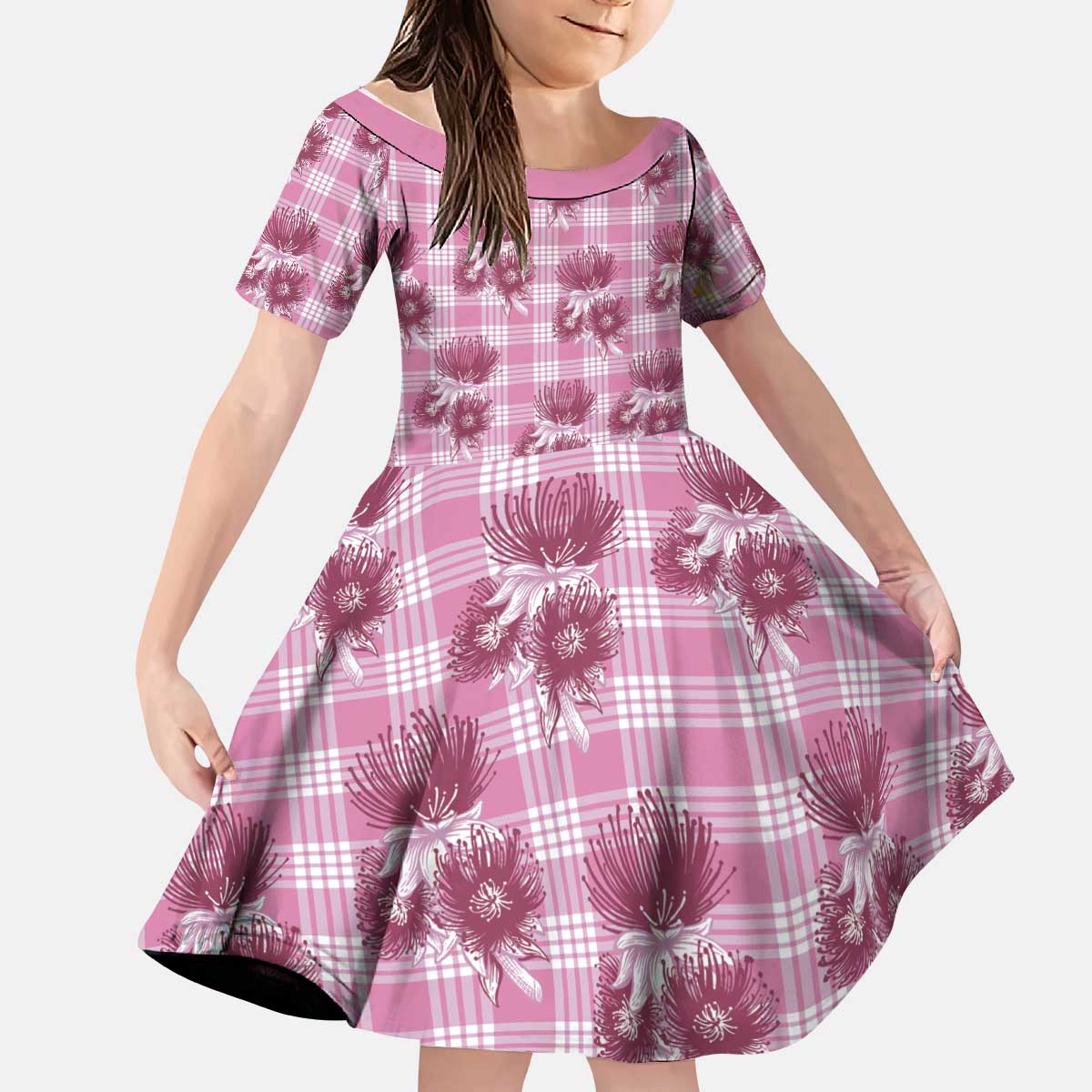 Pink Palaka Hawaii Kid Short Sleeve Dress Hawaiian Lehua Blossoms