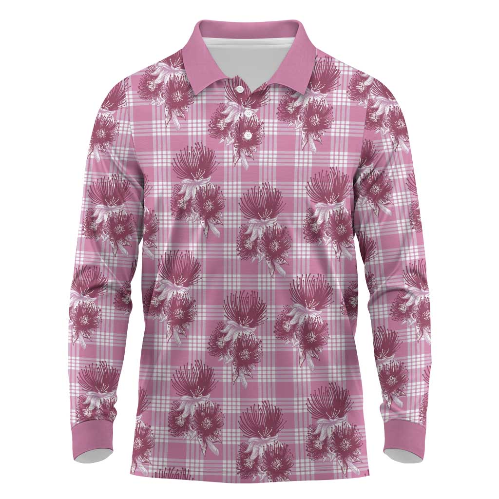 Pink Palaka Hawaii Long Sleeve Polo Shirt Hawaiian Lehua Blossoms