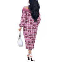 Pink Palaka Hawaii Off The Shoulder Long Sleeve Dress Hawaiian Lehua Blossoms